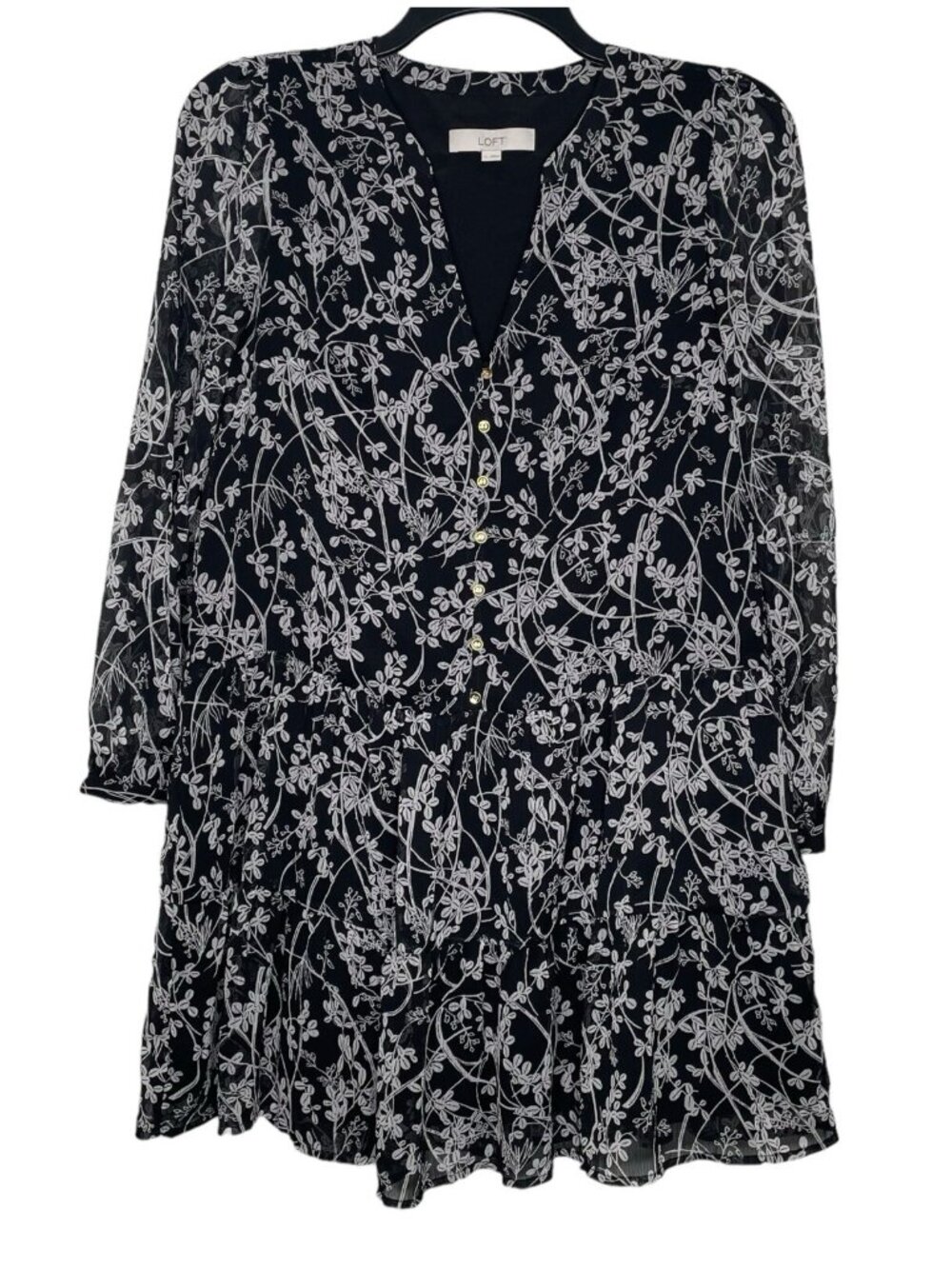 LOFT Womens Floral Drop Waist Dress Size Small Tiered V Neck Sheer Sleeves